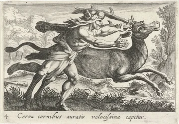 Hercules vangt de Hind van Cerynea Nagyon gyorsan elkapnak egy aranyszarvú szarvast (cím a tárgyon) Herculische téma (sorozat címe)