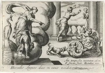 Jonge Hercules wurgt twee szleng Herkules megöl két kígyót a bölcsőjükben (cím a tárgyon) Herculische téma (sorozat címe)