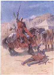 Sir Kenneth lándzsája átszúrta a pajzsot (színes litó)