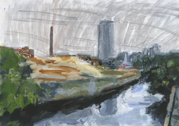 River Wandle and Ram Brewery redevelopment site, Wandsworth, 2025 (akril, akril festéktollak, tustollak, olaj alapú tustollak és grafit, papír)