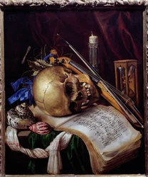 Vanitas csendélet koponyával, kottával, hangszerekkel, kagylókkal és homokórával. 1650. Méretek: 0,52 x 0,44 m. Marseille, Musée des Beaux-Arts