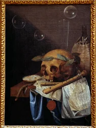 Vanitas csendélet koponyával, babérkoszorúval, fuvolákkal, kottával és boroskancsóval. Simon Bernard de Saint-André (1613-1677) festménye, 17. század. M. 0,6 x 0,43 m, Lyon, Musée des Beaux-Arts