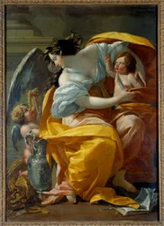 A gazdagság allegorikus ábrázolása. Egy nő, a Szerencse és a Bőség jelképe, puttók és ékszerek körében. Simon Vouet (1590-1649) festménye, 17. század, 1,7 x 1,2 m