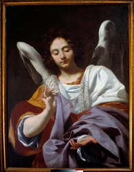 Angyal tunikával, Simon Vouet (1590-1649) Passiófestményének hangszerei XVII. Nápoly, Capodimonte Nemzeti Múzeuma