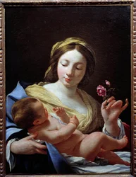 Simon Vouet (1590-1649) festménye: Szűz gyermek és rózsa 1627 V. 0,8x0,62 m Marseille, Musee des Beaux Arts