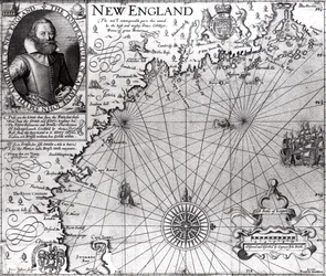 New England partvidékének térképe, amelyet John Smith kapitány (1580-1631) figyelt meg és írt le 1614-ben, a General Historie-ból, 1624