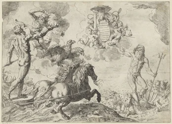 A Jupiter, a Neptunusz és a Plútó felajánlja koronáját Scipione Borghese bíboros címerének Tézis: Jupiter, Neptunusz és Plútó coronas suas offerunt armis (cím az objektumon)