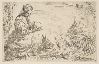 Pihenj az Egyiptomba tartó járaton, Mária a csecsemő Krisztust tartja és nézi, miközben Szent..., kb. 1637.