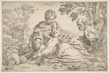 Pihenjen az Egyiptomba tartó járaton, Mária a kisded Krisztust fogja, jobbra Szent Józseffel, kb. 1640.