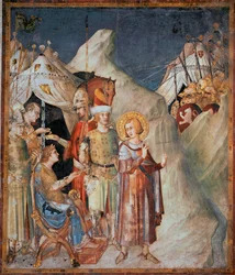Szent Márton életének jelenetei: „Tours-i Szent Márton lemond a fegyverekről”. Simone Martini (1285-1344) freskója. 1312-1317 - Méretek: 265 x 230 cm. Assisi Szent Ferenc alsó bazilikája; Szent Márton-kápolna, Assisi
