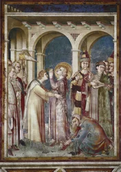 Freskó Szent Márton életéről. Szent Márton lovag, részlet. Az eveque Saint Martin de Tours és a zenészek. Simone Martini (1280-1344) festménye. Freskó