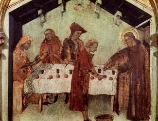 Lajos a szerzeteseket szolgálja az asztalnál, részlet Toulouse-i Lajos életéből, Szent Lajos toulouse-i püspök predellájából, aki testvérét, Anjou Róbertet, Nápoly királyát koronázza meg