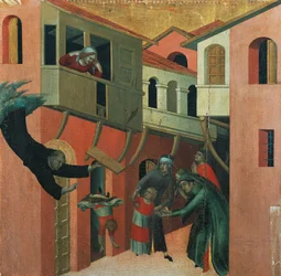 A balkonról leesett csecsemő csodája, részlet a „Boldog Agostino Novello és életének történetei” című oltárképből, kb. 1330, Simone Martini (1283-1344) műve, 200x256 cm
