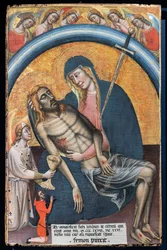 Siralom a halott Krisztus felett a klienssel, Iohannes de Elthinl, Simone dei Crocifissi c. 1368. A Szűz Fájdalmas Szűzanyaként ábrázolják, szívében karddal.