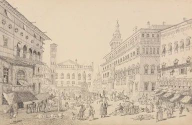 30 megtekintést tartalmazó album Tirolban és Olaszországban: Bologna tér, katedrális és a pápa legátusának palotája, 1840. nov. 12.