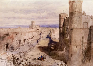Harlech kastély a sáncoktól, Wales, 1850