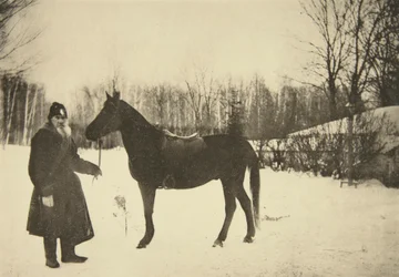 Lev Tolsztoj orosz író lóval, Jasznaja Poljana, Tula közelében, Oroszország, 1905.