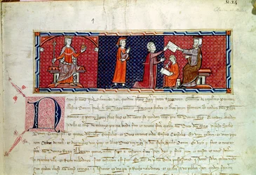 Egy nő, aki esküt tesz I. Jakab (1207–1276) mallorcai király előtt, a Capbreu de Clayra et de Millasból, 1292