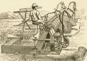 A 19. század végén használt, lovak által húzott aratógép, amely mechanikusan kötötte meg a kukoricacsévéket. Az El Museo Popular által kiadott Madrid