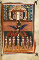 Hozzáadás. 11695, f.172 A hét pestis-angyal fiolákat hordozó, a szentélyből száll ki. A Silos Apokalipszisből