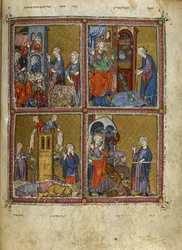 Hozzáadás. 27210, f.12v Jelenetek az Exodusból: A tetvek, a békák, a dögvész és a pestis, illusztrációk az „Arany Haggadából” (tinta, szín és arany pergamen)