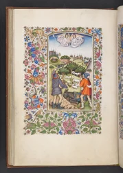 Adja hozzá az MS 50004 f.32v Angyali üdvözletet a pásztorokhoz, az „Órakönyvből” (tinta, szín és arany pergamen)
