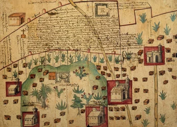 Ayer MS 1801 1. térkép: A Hacienda de Santa Ines melletti Tultepec és Jaltocan régiók földjeinek térképe, Mexikó, kiadva 1569-ben