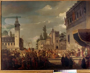 Kolumbusz Kristóf bemutatja az őslakosokat II. Ferdinánd és Izabella 1. Kasztíliában Barcelonában: Kolumbusz Kristóf (1451-1506) felfedező Amerika lakosait mutatja be a katolikus királyoknak. Garcia Ibanez festménye