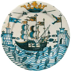 Decoree lemez galleon és kastélyok rajzaival, tetején koronával