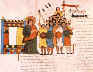 Dávid király hadseregének indulása a háborúba, Szent Izidor vizigót-mozarab Bibliájából, fol. 131v., Kr. u. 960