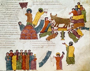 Exodus: „” az aranyborjú imádása””” Mózes és a törvénytáblázatok. Miniatűr egy mozarab Bibliából. 10. század. Leon. Szent Izidor királyi kollégiumának könyvtára. Spanyolország