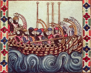Fol.53r Egy csónak indulása a keresztes hadjáratra, galacia nyelven írva X. Alfonso számára (1221-84)