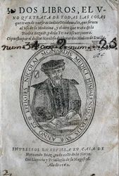 Elülső rész Nicolas Monardes (1493-1588) portréjával a spanyol Karib-tenger szigeteiről származó gyógyszerkönyvről és a bezoard (anti-méreg) felhasználásáról. Nicolas Monardes műve, 1569-es kiadás, Hernando Diaz, Sevillában. Egyetemi Könyvtár
