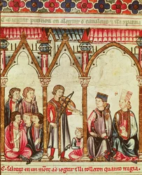 Trubadúrok csoportja, illusztráció a Cantigas de Santa Maria című műből, amely X. Alfonz (a Bölcs), Kasztília és León királya (1221-84) irányításával készült