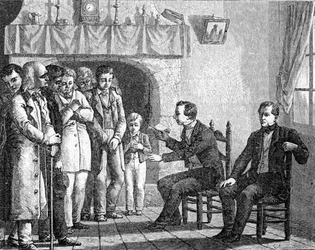 Joseph Smith, a Mormon Egyház alapítója, olvas a Mormon könyvéből a korai mormon megtérőknek, a Madridban megjelent „La Vuelta al Mundo”-ból