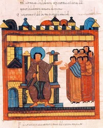 Dávid király trónján ülve, udvarától körülvéve, Szent Izidor vizigót-mozarab Bibliájából, fol. 126r., Kr. u. 960