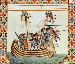 Les croises egy sarrazine-i erőd ostromához Egy oldal részlete a Szent Mária éneke (Cantigas de Santa Maria) kéziratából, Szent Máriának és csodáinak szentelt miniatúrákat díszít, a reg alatt redige dalok gyűjteménye.