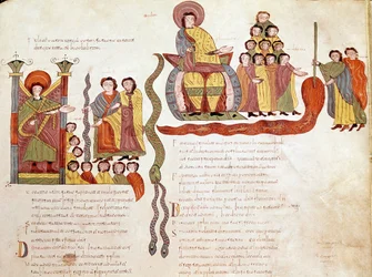 Mozarab bibliaoldal: A csapások: a víz vérré változott, oldal egy mozarab bibliából