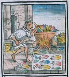 Palat asszony. 218-220 azték kézműves, akik tollakat festenek, Bernardino de Sahagun „Firenzei kódexéből”, 1540-85 körül