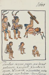 Palat asszony. 218-220 IX. könyv Azték szórakoztatók, zenészek, zsonglőrök és púposok, Bernardino de Sahagun firenzei kódexéből, 1540-85 körül