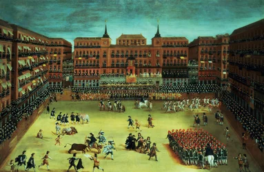 Panoráma egy fiesztáról a madridi Plaza Mayorban