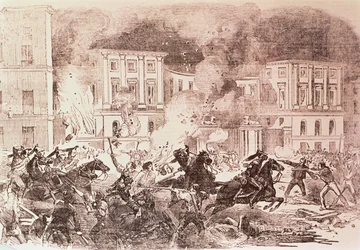 Populista felkelés Madridban, a zavargók megpróbálják felgyújtani Mária Krisztina királynő palotáját 1854-ben (litho)