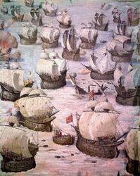 Spanyol galleonok regatta az Acores-i expedíció során 1582-ben II. Fülöp (1527-1598), Spanyolország királya alatt. 16. századi freskó. Csaták csarnoka, Escorial palota, Madrid.