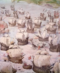 Spanyol galleonok regatta az Acores-i expedíció során 1582-ben II. Fülöp (1527-1598), Spanyolország királya alatt. 16. századi freskó. Csaták csarnoka, Escorial palota, Madrid.