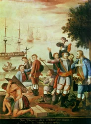 Mexikó meghódítása: Diego Velasquez de Cuellar (1465-1524) Hernando Cortes-t (1485-1547) választja az Armada tábornokává, és parancsnokságot ad neki (olaj, vászon)