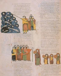 A Vörös-tengeren való átkelés és a héber nők tánca Mózes és kísérői tamburájának hangjára, Szent Izidor vizigót-mozarab Bibliájából, 39. fol., i.sz. 960 (tem)