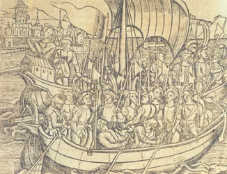 Az új világ felfedezése Kolumbusz Chrisopher (1450-1596) illusztrációja Francisco Lopez de Gomara (szül. 1510) "India és az új világ általános története" című művéből, 1554 (metszet)