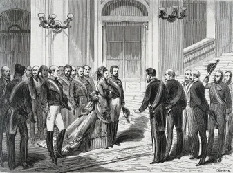 A spanyol király I. Amedeus (Amedeo Ferdinando Maria di Savoia) (1845-1890) és felesége, Mária Victory dal Pozzo della Cisterna (1847-1876) a madridi királyi palotába érkezésükkor 1871. március 19-én. Metszet a "" La Ilustracion Espanola y America-ból