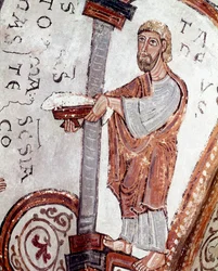 A hónapok köre: halat kínáló szolga. Egy 12. századi freskó részlete a San Isidoro Real Colegiata (Royal Collegiale of Saint Isidore) királyi panteonjáról. Leon. Spanyolország
