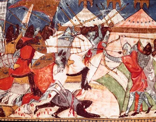 Trójai háború: Trójaiak támadják meg a görög harcosok katonai táborát. Részlet egy miniatűrről a „Codex Benito de Santa Mora” spanyol kéziratból